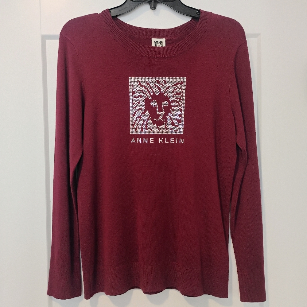 NWT M Anne Klein Maroon Tiger Rhinestone Logo Crew Long Sleeve Sweater NEW - Picture 1 of 10